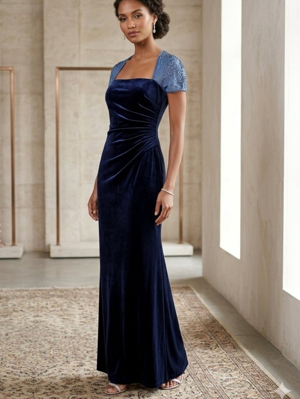 JS Boutique Navy Velvet Evening Gown with Beaded Short Sleeves Sz 8